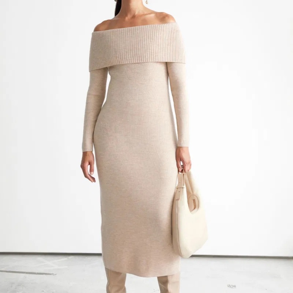 & Other Stories Sheath Wool Off-Shoulder Long Sleeve Dress in Beige Melange